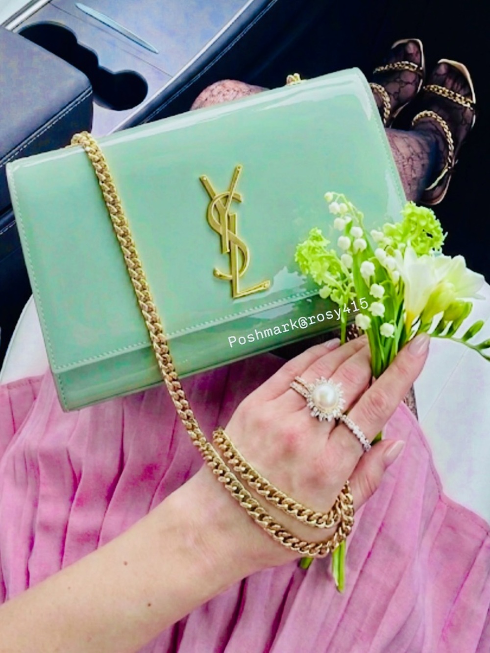 RARE COLOR💎Saint Laurent Kate Patent Leather Crossbody Bag Vintage Sage YSL Kate